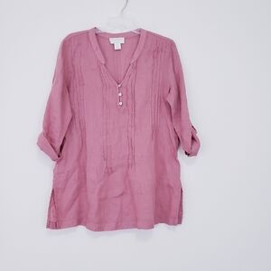Cynthia Rowley Rose Pink 100% Linen Popover Roll Tab Blouse Shirt Size Large